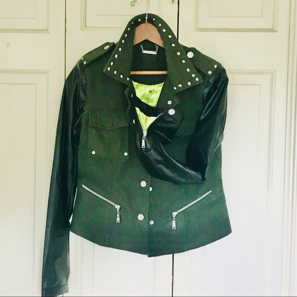 Rare L2 Faux Leather Jacket with Wool-Dark Olive - Picture 2 of 14